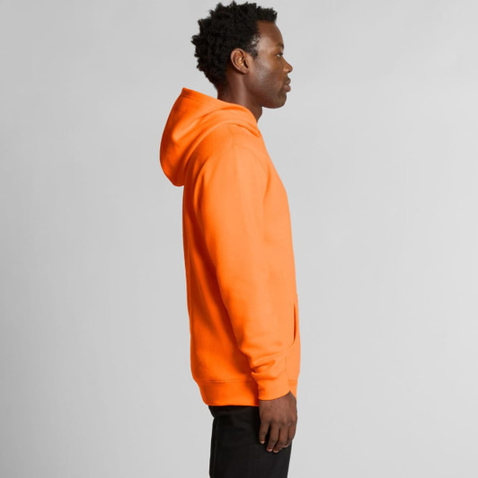 A bright orange work hoodie featuring a hood, shown from the side. It has a logo on it.