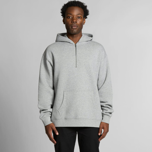 A grey half zip hoodie with a spacious front pocket and an attached hood. Features a logo on one side.