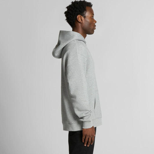 A grey half zip hoodie is displayed on a model from the side, featuring a hood and a pocket.