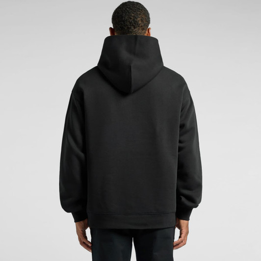 A black hooded jumper with a relaxed fit, featuring a hood and long sleeves, seen from the back.