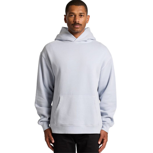 A light blue hoodie features a front pocket and a hood, worn by a model standing upright. It has a logo.