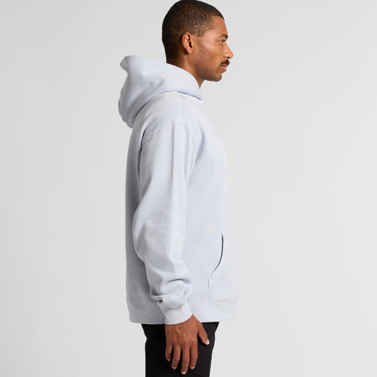 A light grey hoodie with a kangaroo pocket, featuring a logo on the chest.