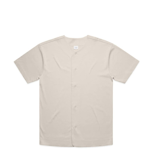 A light beige heavy baseball jersey with short sleeves and a front button closure. It features a logo on the chest area.