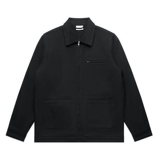 A black heavy canvas jacket featuring a zippered front and two large pockets, with a logo on the chest area.