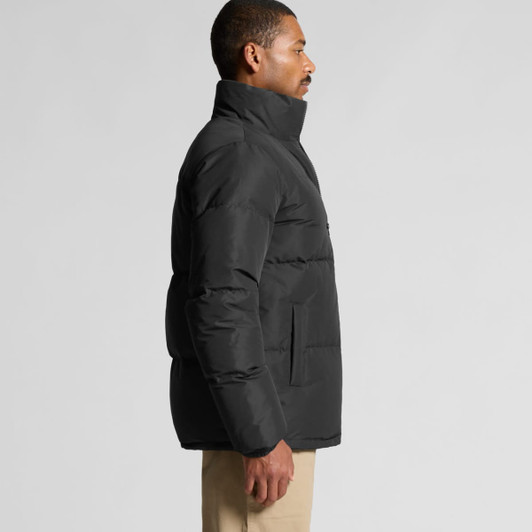 A puffer jacket in black, featuring a high collar and a side view of a model wearing it.