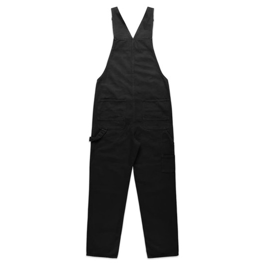 Black canvas overalls with adjustable straps and multiple pockets, featuring a logo on the fabric.