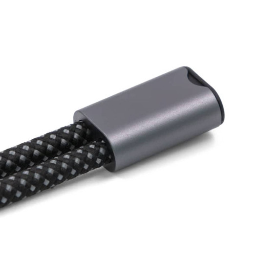 A black and grey braided wristband strap with a metallic grey connector, featuring a logo.