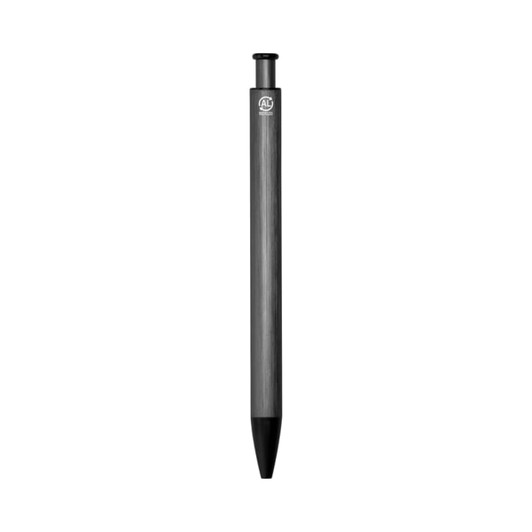 A slender metal pen in grey with a black tip, featuring a logo near the top.