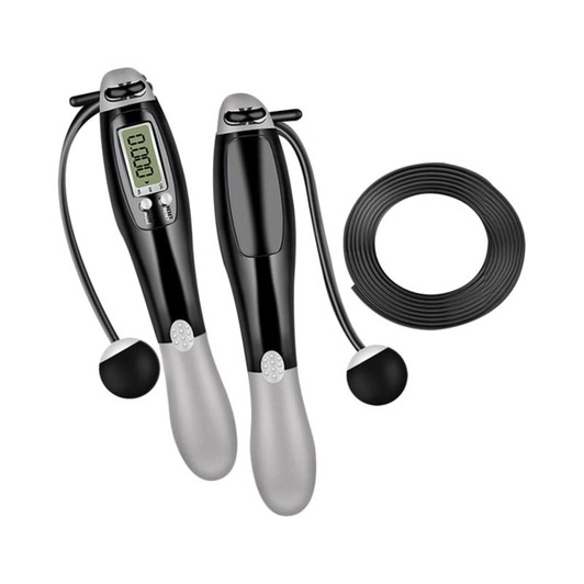 Digital skipping rope in black and silver with a flexible cord and built-in display for tracking.