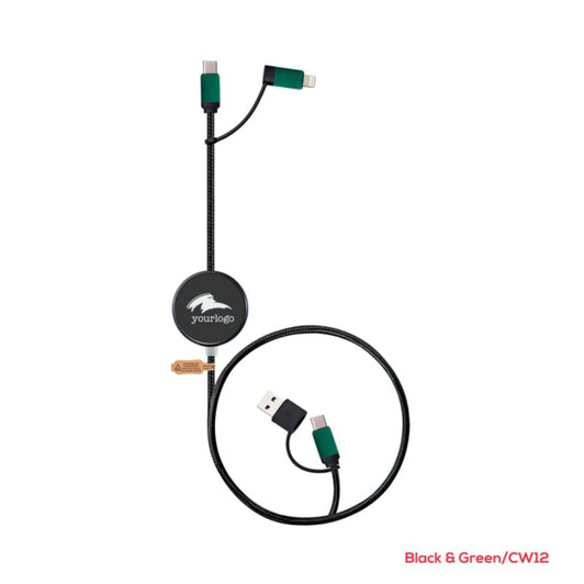 A black and green charging cable with connectors for USB and two types of mobile devices, featuring a circular logo.