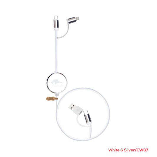 A retractable charging cable in white and silver, featuring USB and Lightning connectors, with a logo visible.