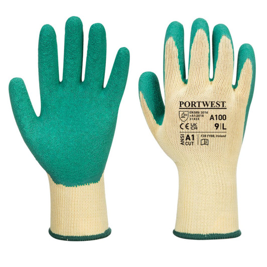 A pair of gloves with a green latex coating on the fingers and a cream-coloured base, featuring a brand logo.