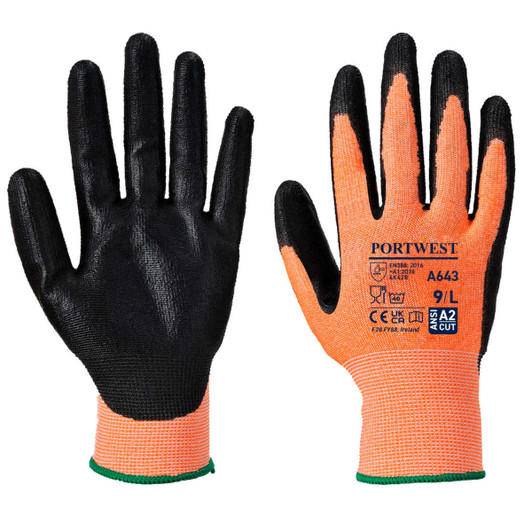A pair of safety gloves featuring a textured black nitrile foam palm and an orange fabric backing, with a green wrist cuff.