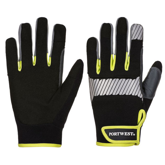 A pair of black gloves with grey and neon yellow accents, featuring a logo on the wrist area.