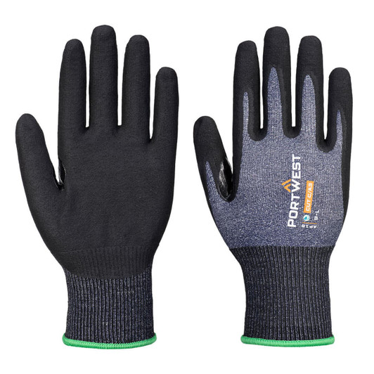 A pair of black and grey gloves with a green cuff and a logo on the wrist.