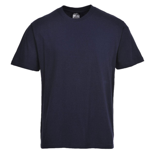 A navy blue premium t-shirt with short sleeves and a round neckline. It features a logo on the label.