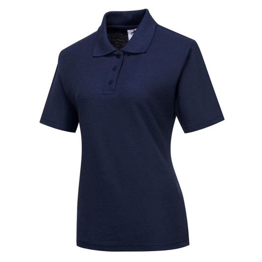 A navy blue women's polo shirt with short sleeves and a classic collar, featuring a logo on the chest.