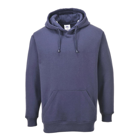 A navy blue hoodie featuring a front pocket and a drawstring hood. It has a logo on the label.