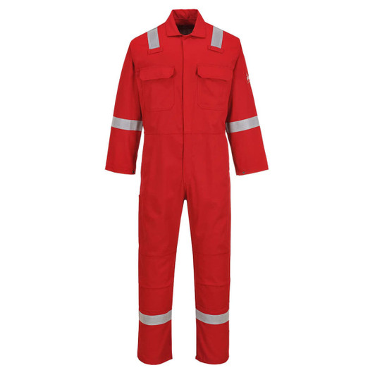 A red coverall with reflective stripes, featuring two front pockets and long sleeves, suitable for work uniforms.