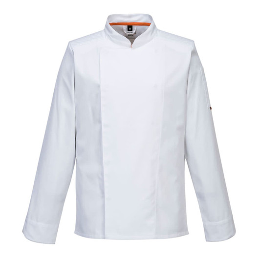 A white chef jacket with long sleeves and a stand-up collar. It features a logo on one sleeve.