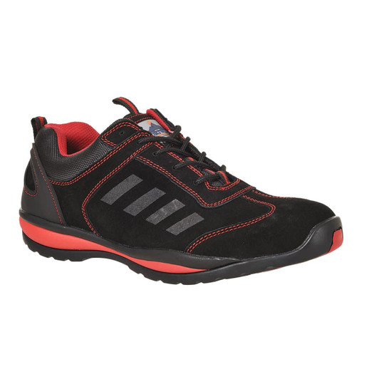 A pair of black and red safety shoes featuring a suede finish and reflective detailing. The shoes have a logo on them.