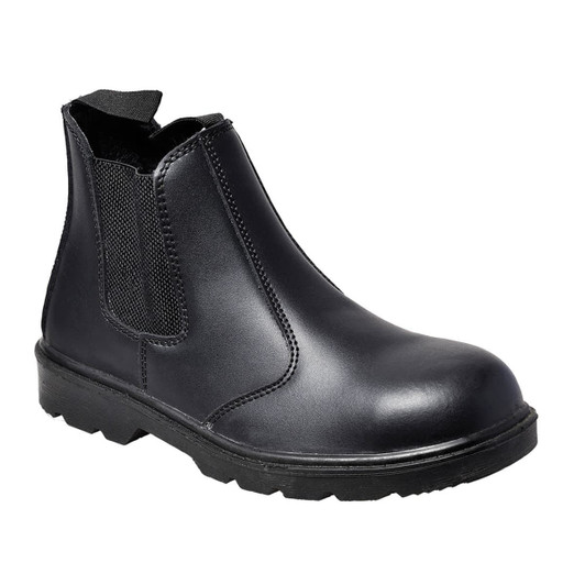 A black safety boot with elastic side panels and a sturdy sole, featuring a logo on the side.