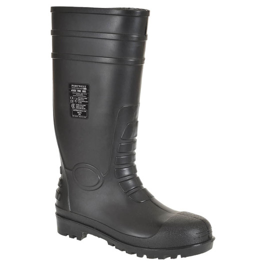 A black safety Wellington boot featuring a sturdy design and textured sole. It includes a logo on the side.