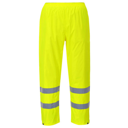 Hi-Vis rain trousers in bright yellow with reflective silver stripes. Features an elasticised waistband and a logo.