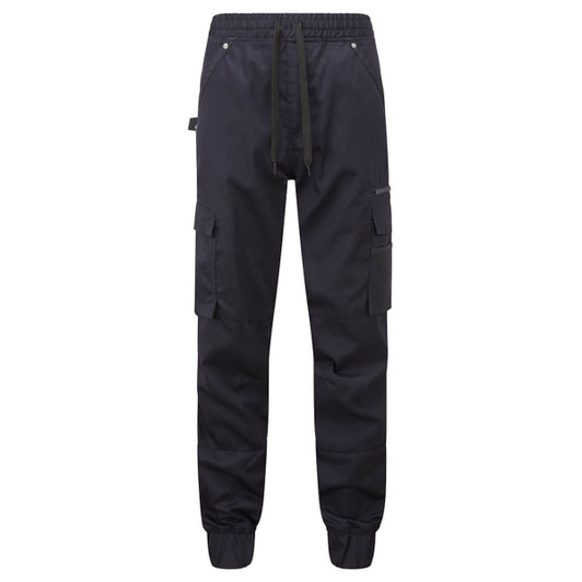 Lightweight drawstring pants in navy blue, featuring side pockets and a logo on the waistband.