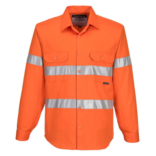 An orange button-up shirt with reflective silver stripes and two chest pockets. It features a branding logo.