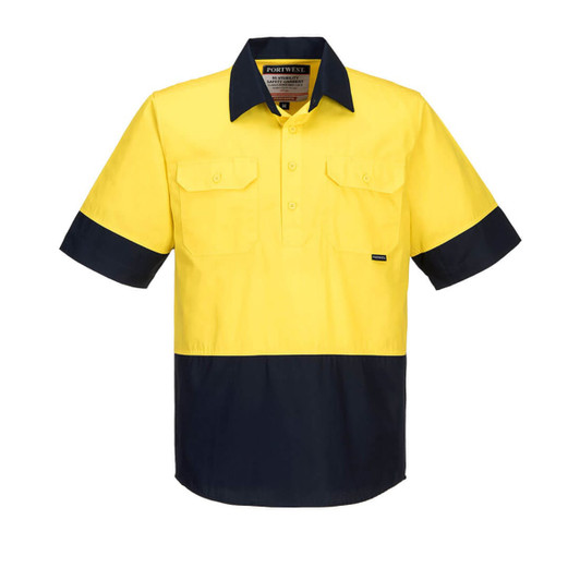 A short-sleeve button-up shirt in bright yellow with a navy blue lower section and a logo.