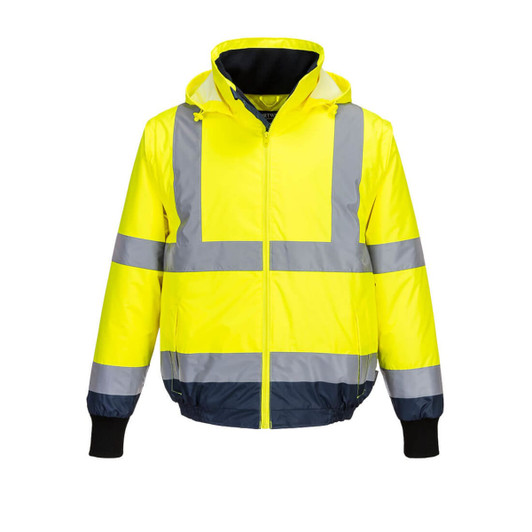 A bright yellow Hi-Vis 2in1 bomber jacket with grey reflective stripes and a navy blue lower section. It has a hood.