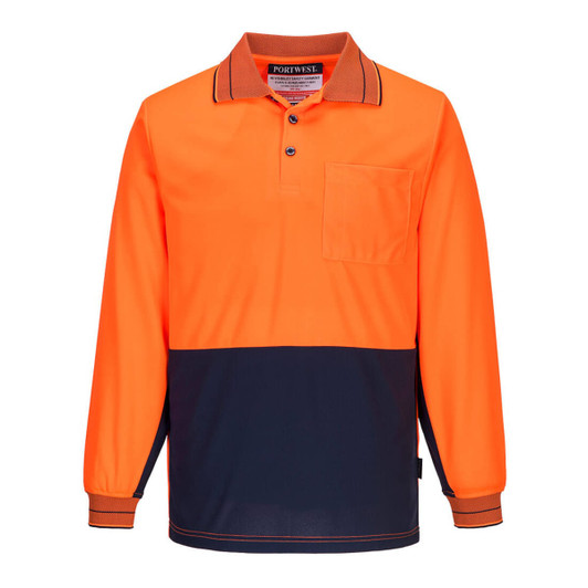 An orange and navy long-sleeve polo shirt with a collar and a chest pocket, featuring a logo.