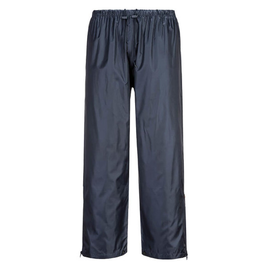 Water-resistant leisure pants in dark grey, featuring an elastic waistband and zippered cuffs, with a branded logo.