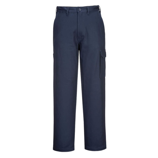 Navy cotton cargo pants with side pockets and a logo tag, featuring a classic straight-leg design.