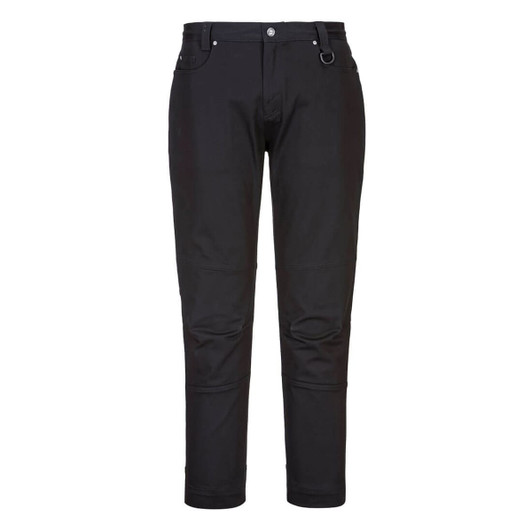 Slim fit work pants in black, featuring a classic design with pockets and a logo. Suitable for various work environments.