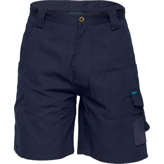 Apair of navy cargo shorts featuring multiple pockets and a waistband with a button closure. Includes branding.