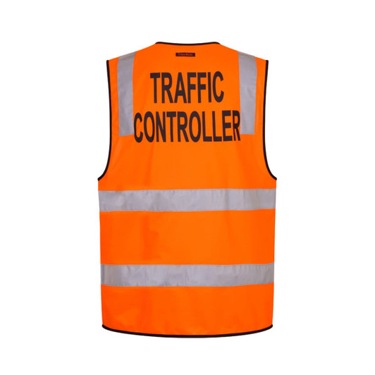 An orange safety vest with reflective strips and a logo, labelled "TRAFFIC CONTROLLER" on the back.