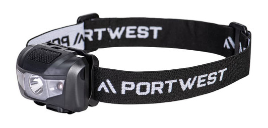 A USB rechargeable head torch with a black strap and a compact design, featuring a single light source.