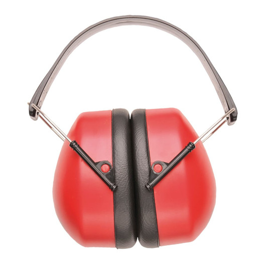 Red and black ear muffs designed for hearing protection, featuring a padded headband and a logo.