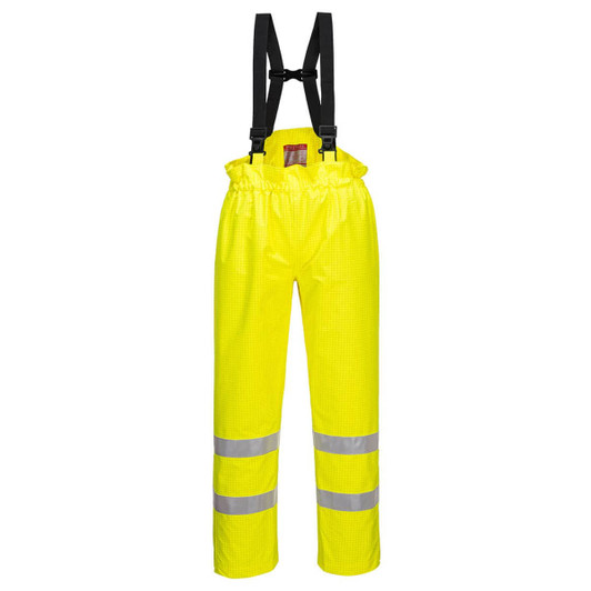 Bright yellow antistatic trousers with reflective stripes and adjustable black suspenders. Features a logo on the waistband.