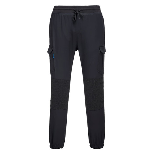 Black KX3 Flexi Trousers featuring elastic cuffs and cargo pockets. The trousers have a logo on them.