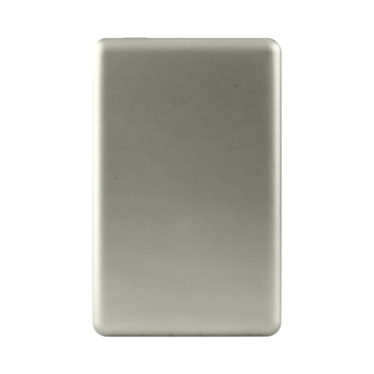 A silver power bank with a sleek design, featuring a logo on one side.
