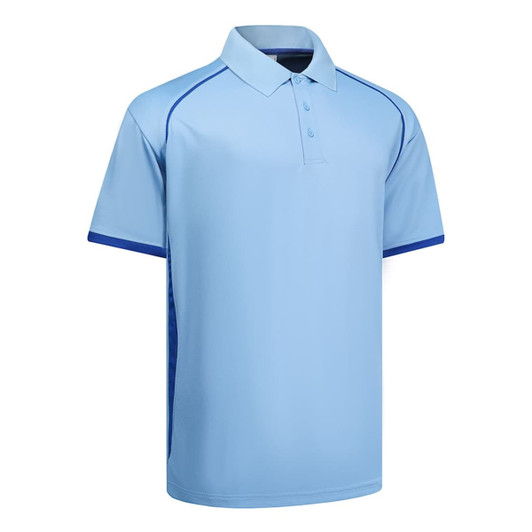 A light blue polo shirt with blue accents, featuring a collar and a logo. Suitable for casual or professional settings.