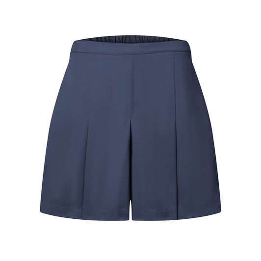 School culottes in navy blue, featuring a pleated design and an elastic waistband. Contains a logo.