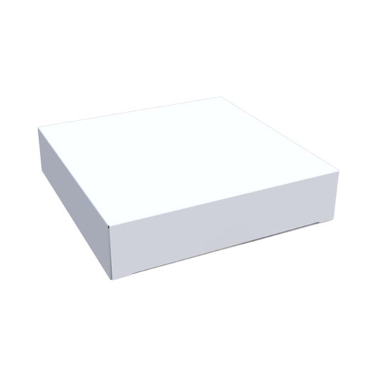 A plain white box with a flat, square design, featuring a minimalist style.