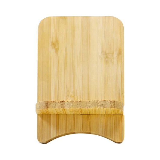 A bamboo wireless charge travel stand in a natural finish, featuring a smooth surface and curved base design.