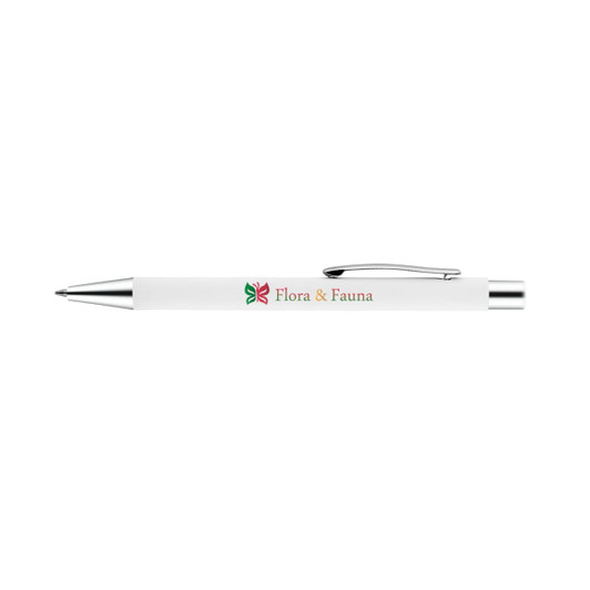 A metal pen in white with chrome accents, featuring a logo. Ideal for writing.