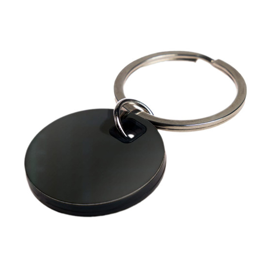 A Circle Stainless Steel Keytag with a smooth, round design and a sturdy metal key ring attachment.