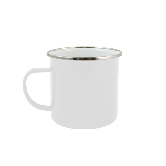 A white enamel mug with a silver rim, designed for drinking beverages.